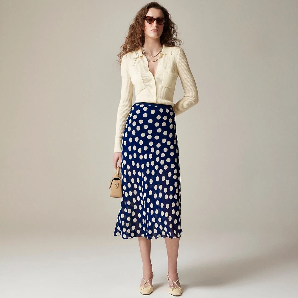 NWT J Crew Gwyneth Slip Skirt Womens M Blue Polka Dot Viscose Chiffon Lined Bias
